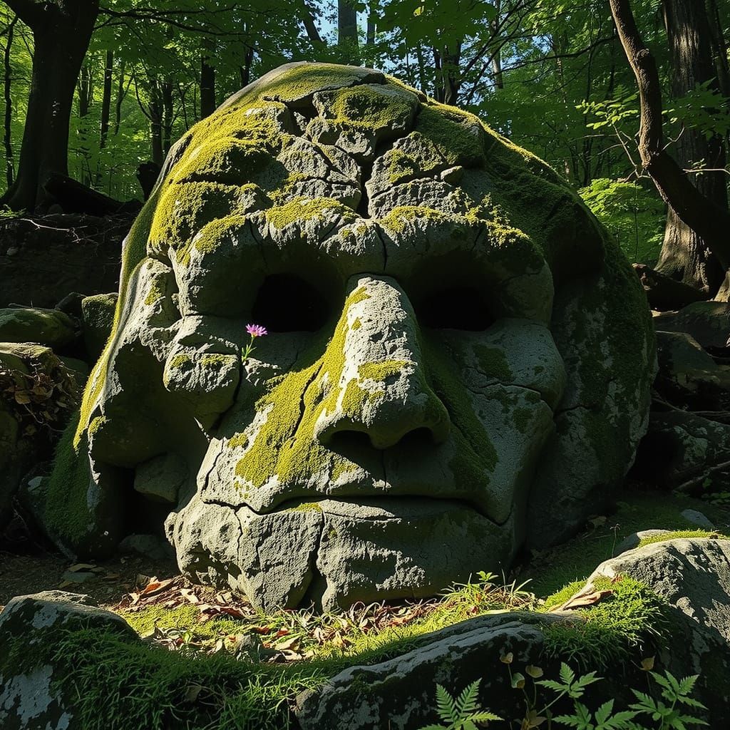 Weathered Boulder with Expressive Face in Vibrant Forest