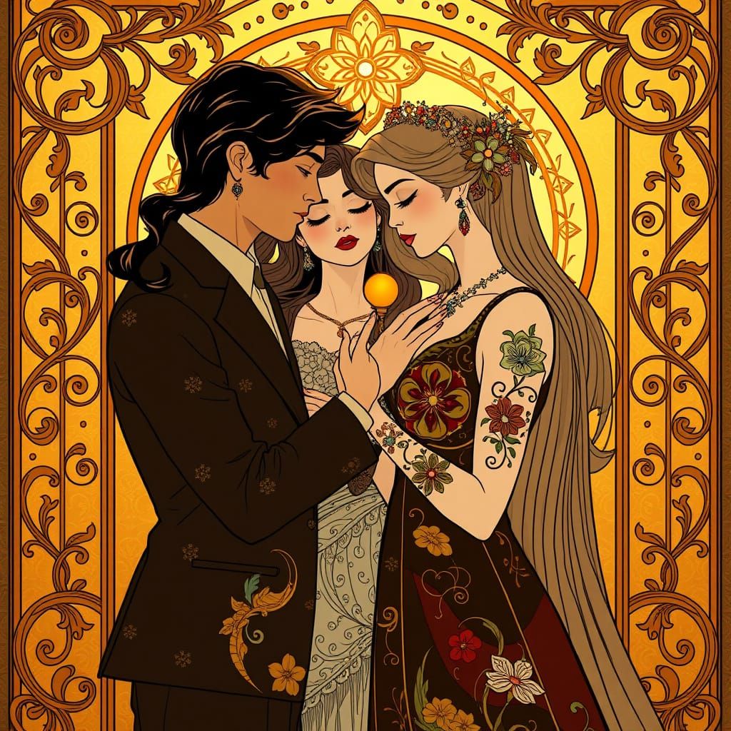Elegant Friends Embracing in Art Nouveau Style