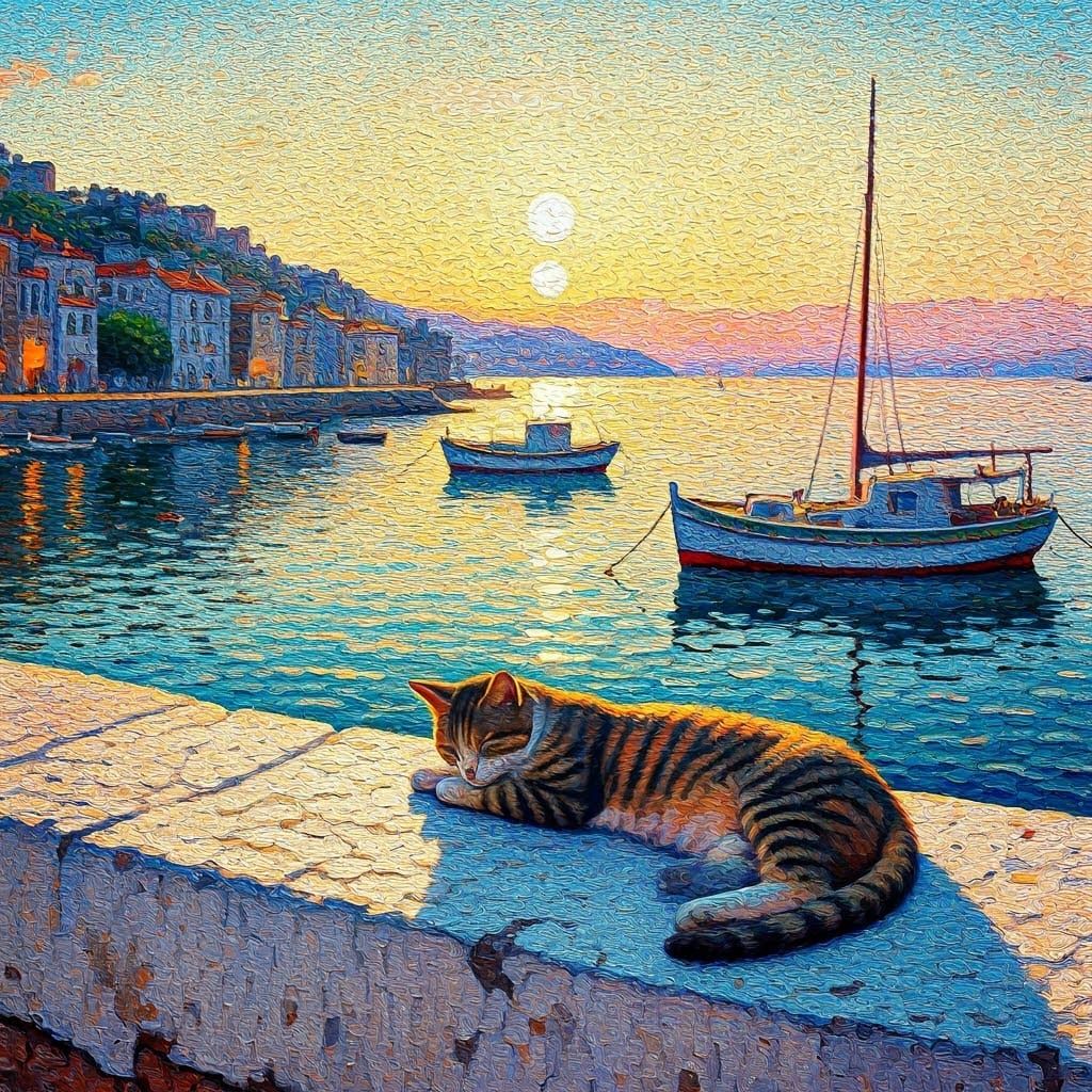 Mediterranean Harbour: Pointillist Cat in Summer Evening Lig...