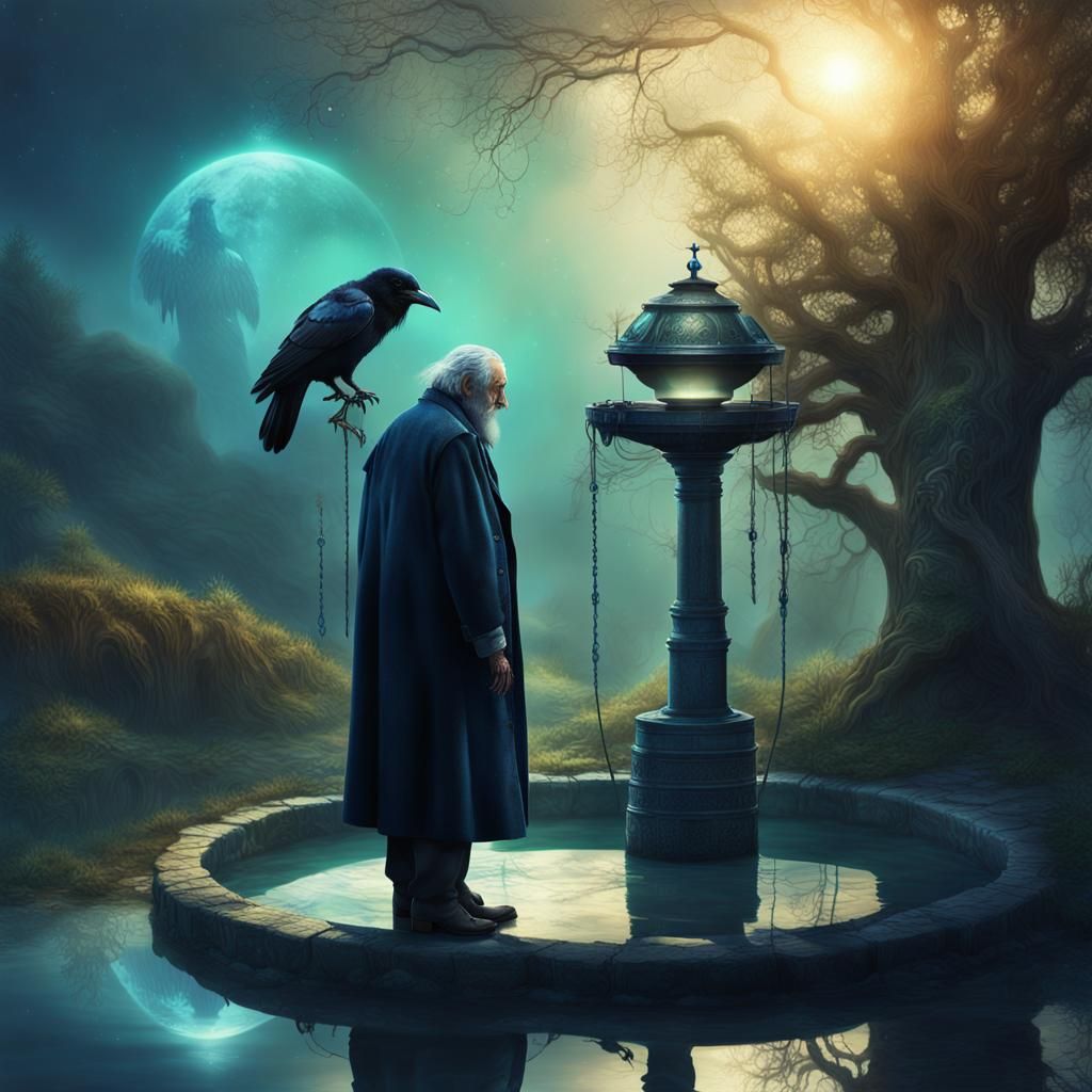 Mystical Raven Gazing into Well: Digital Matte Painting