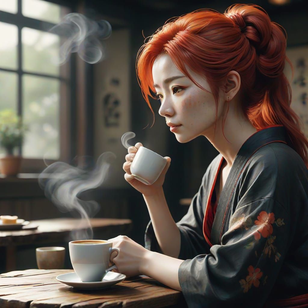 Surreal Japanese Woman Sipping Coffee in Soft Ink Washes