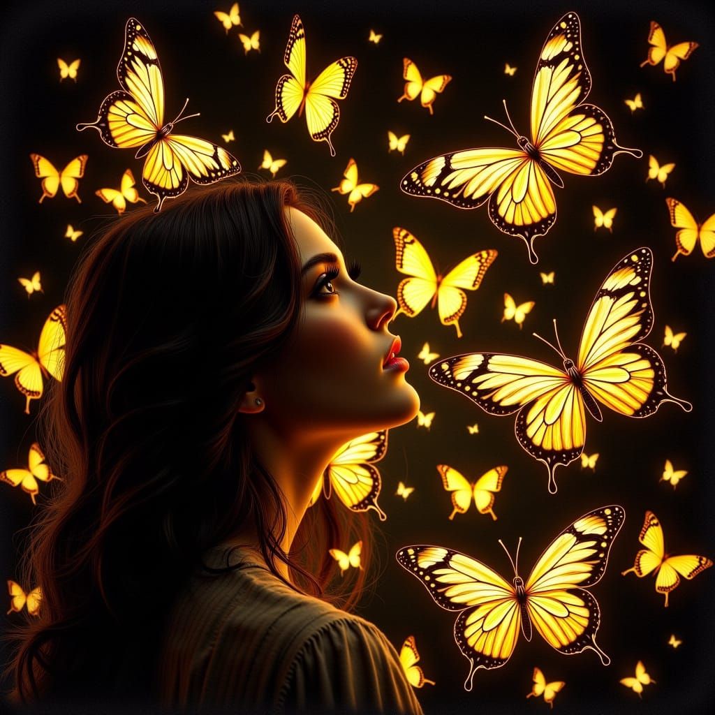 Beautiful spanish woman gazing below, bioluminescent bioluminescent butterflys yellow gold glow, multilayered, Art st...