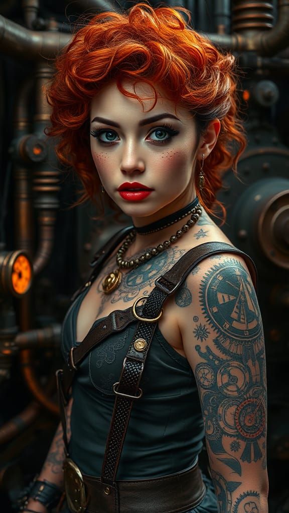 Steampunk Asian Woman with Red Hair and Tattoos