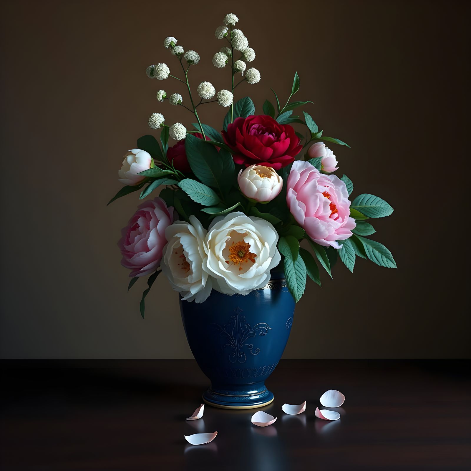 Dark Blue Vase with Vibrant Peonies and Bridal Flowers in Gi...