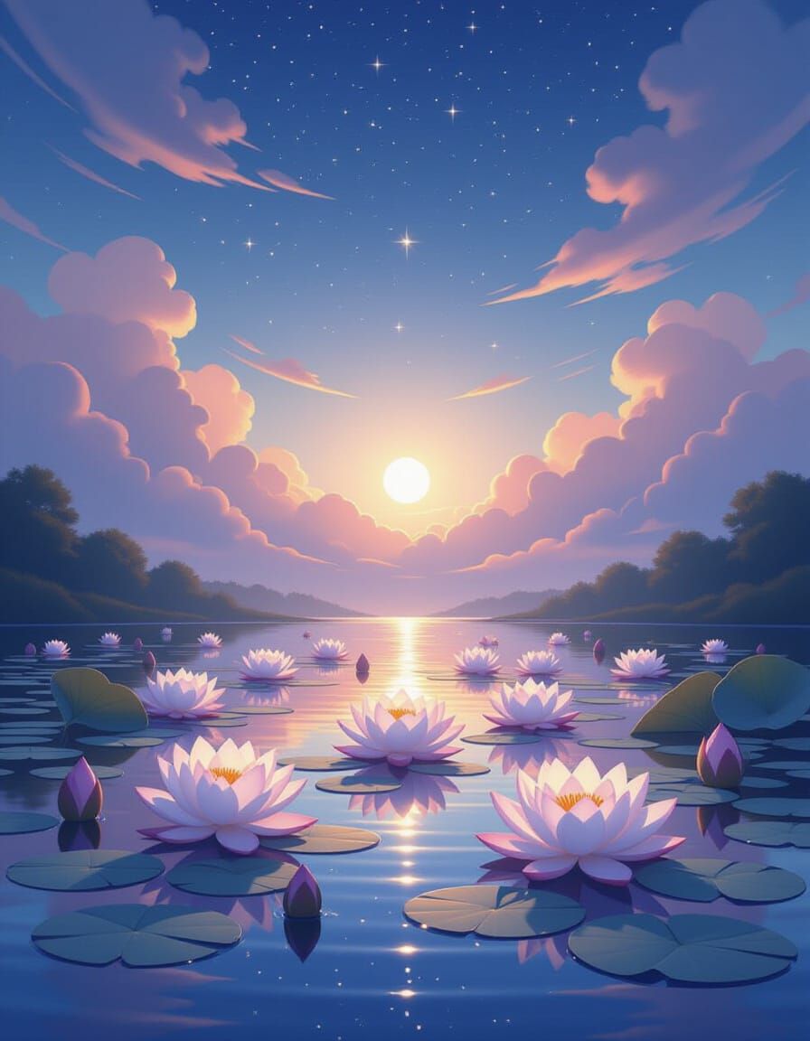 Lotus Pond Under Starry Sky in Pastel Hues