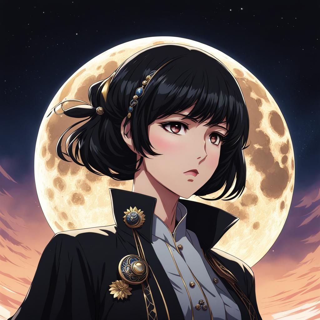 Anime Style Portrait of Woman with Moon Hairpin