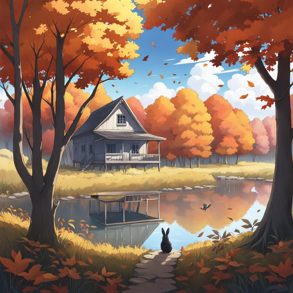 Gray Bunny in Autumn Forest, Anime Style