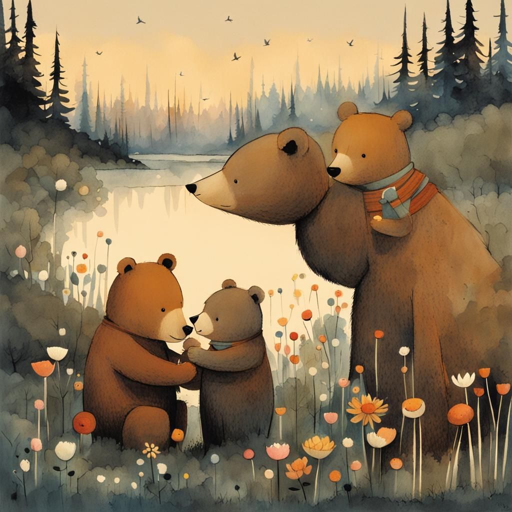 Teddy Bear Family Flower Picking: Storybook Illustration
