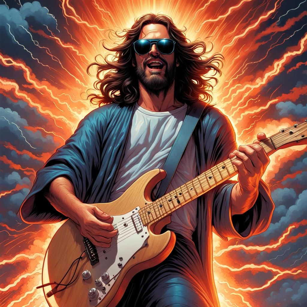 Jesus Christ Rocking Guitar in Electric Storm