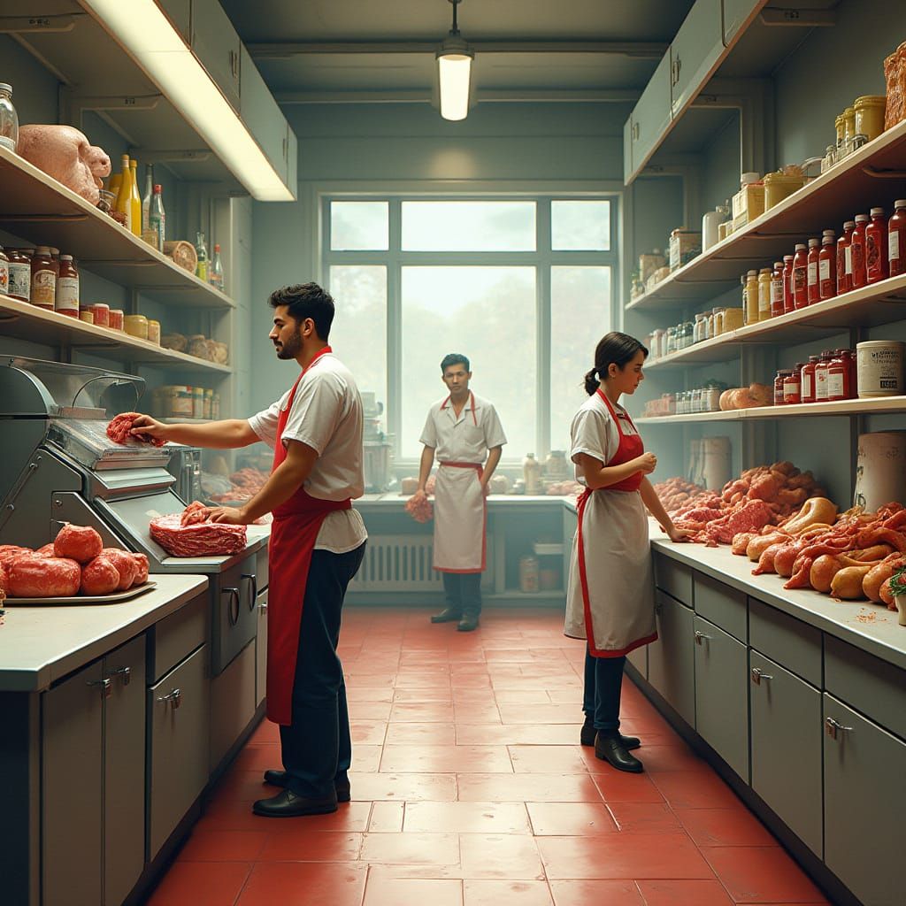 Futuristic Butcher Shop with Smiling Butchers