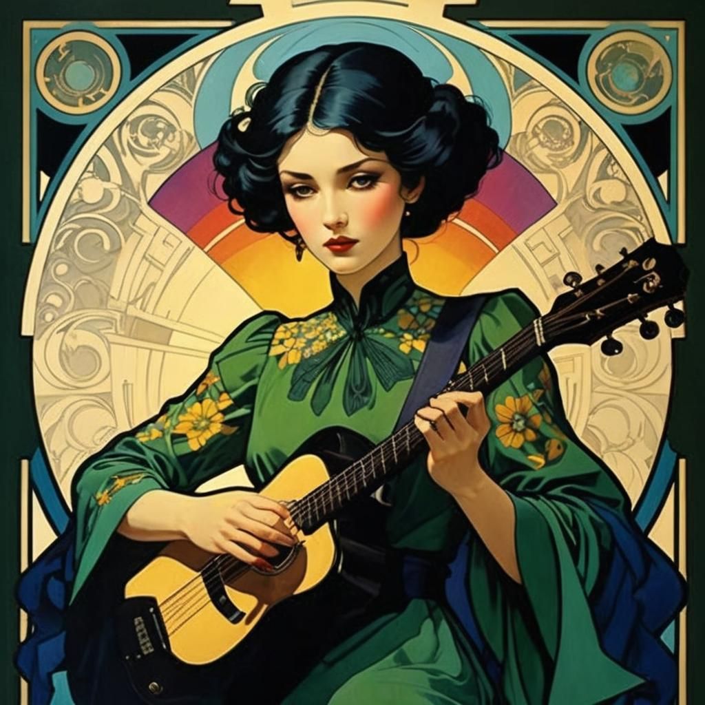 Art Deco Double Exposure Guitarist in Prism Colors