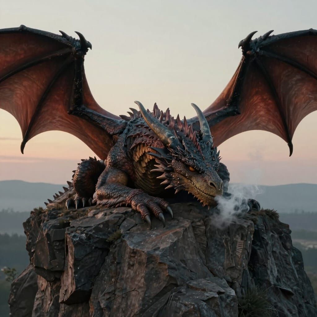Ancient Dragon Rests Wearily on Cliff in Soft Evening Light