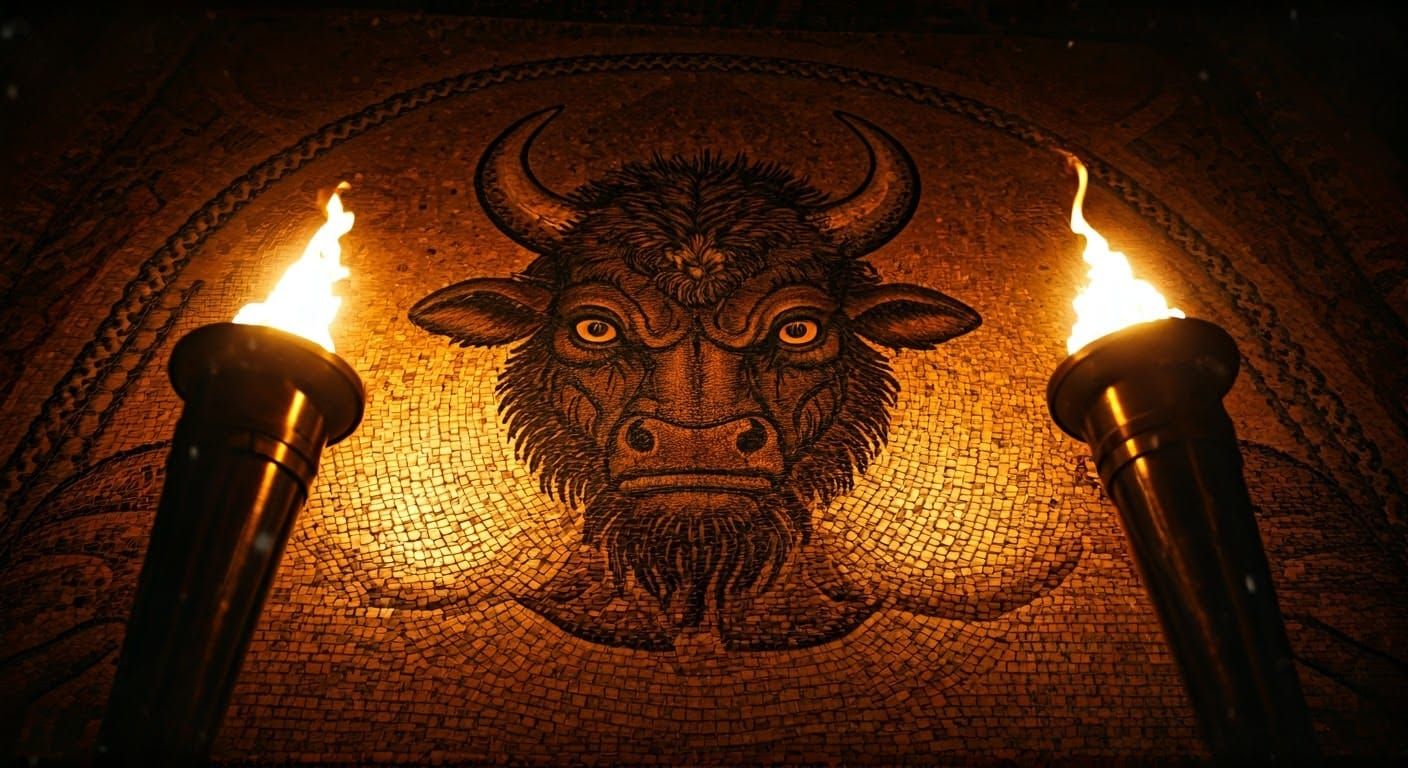 Golden Torches Illuminate Ancient Mosaic of a Fearsome Minot...