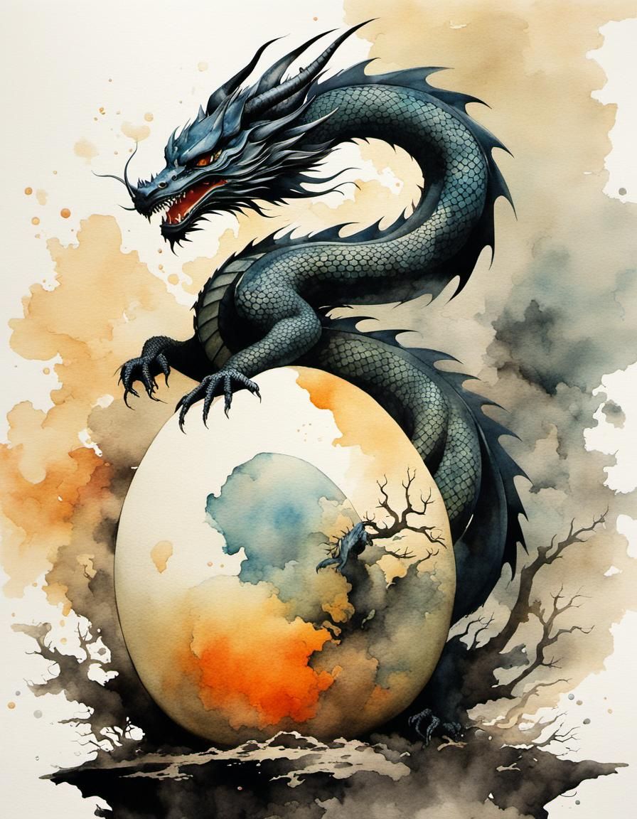 Dragon and Egg in Japanese Watercolor Style