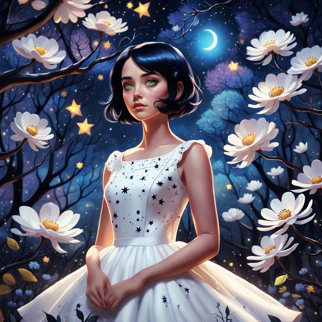 Wonderland Woman in Pixar Style Under Starry Night