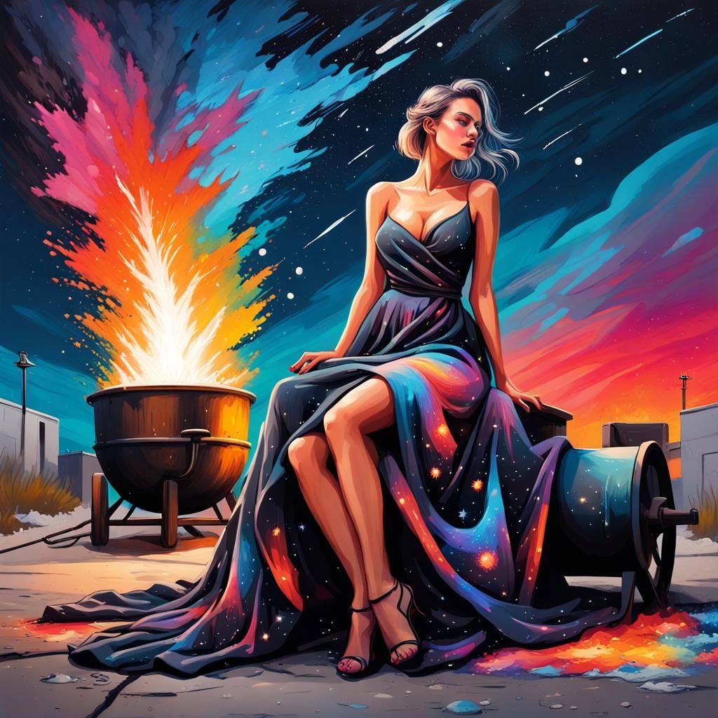 Sensual Woman Under Meteor Shower in Graffiti Art