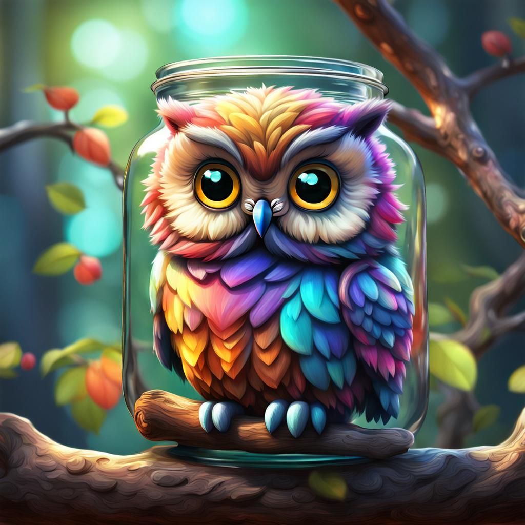 Cute Colorful Chibi Owl in a Jar