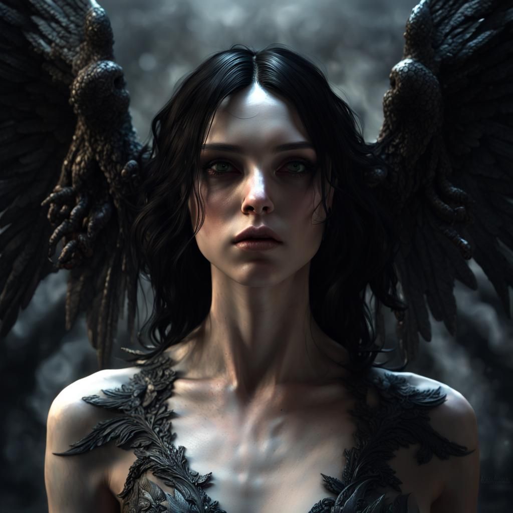 Fallen Angel with Black Wings in 3D Rendering