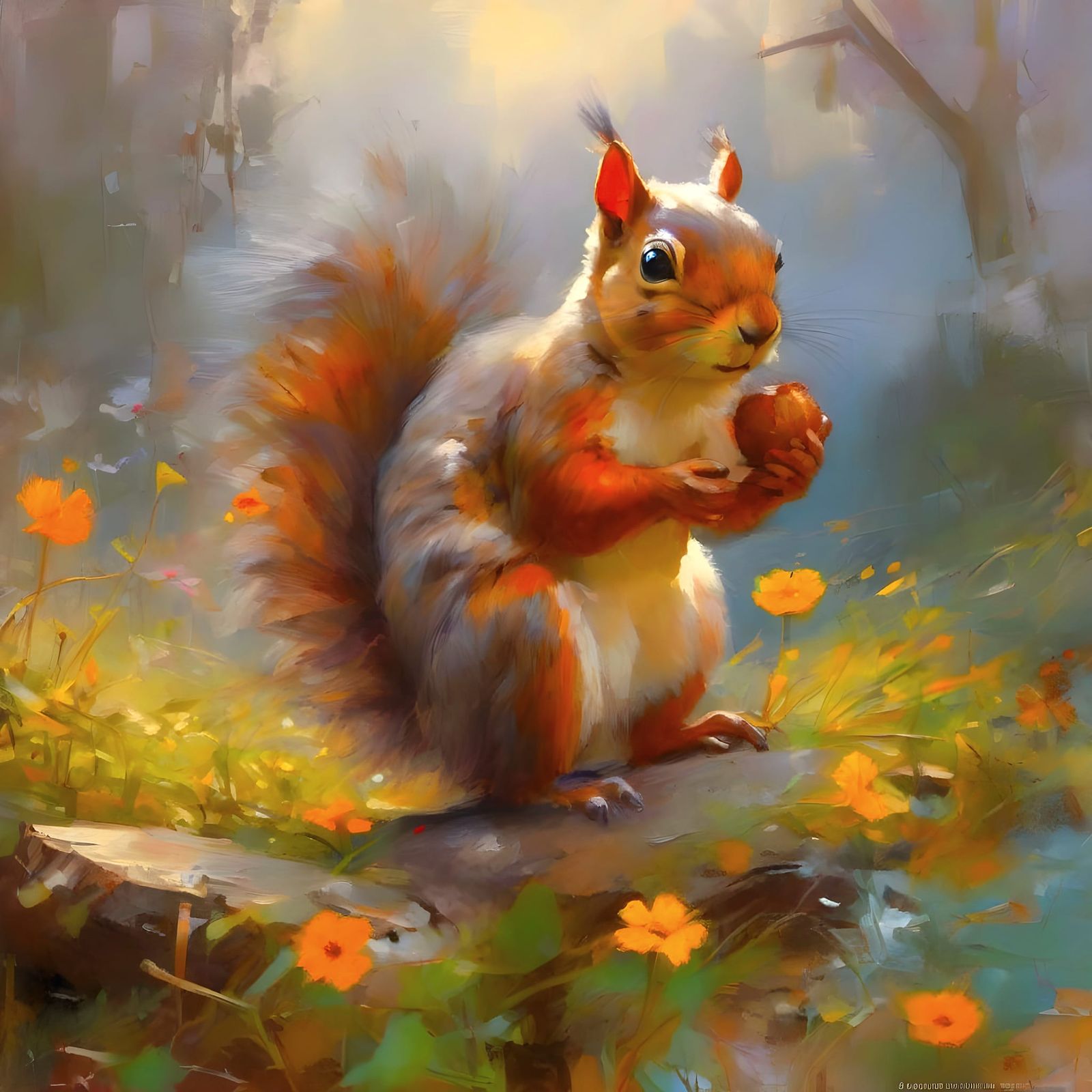 Whimsical Portrait of a Fuzzy Squirrel in Dreamlike Nighttim...