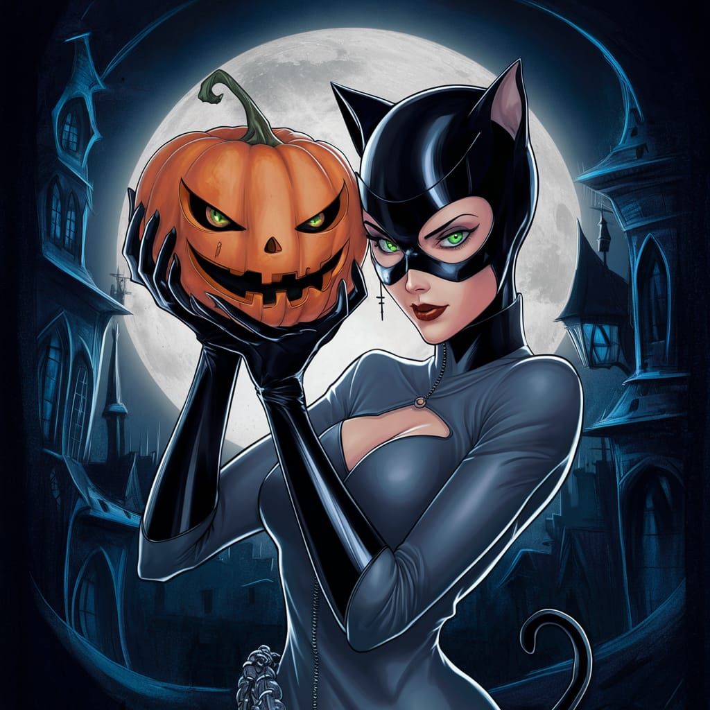 Anime Catwoman Holds Halloween Pumpkin Head in Moonlit City