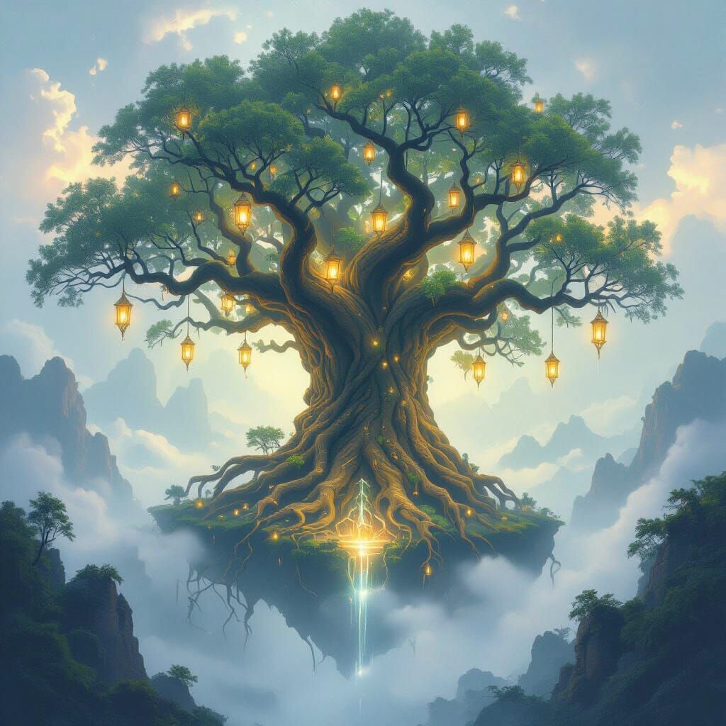 Ancient Sky Tree with Glowing Lanterns and Crystal Branches