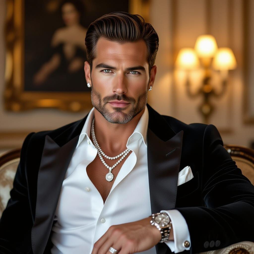 Elegant Man in Tuxedo with Diamond Jewelry