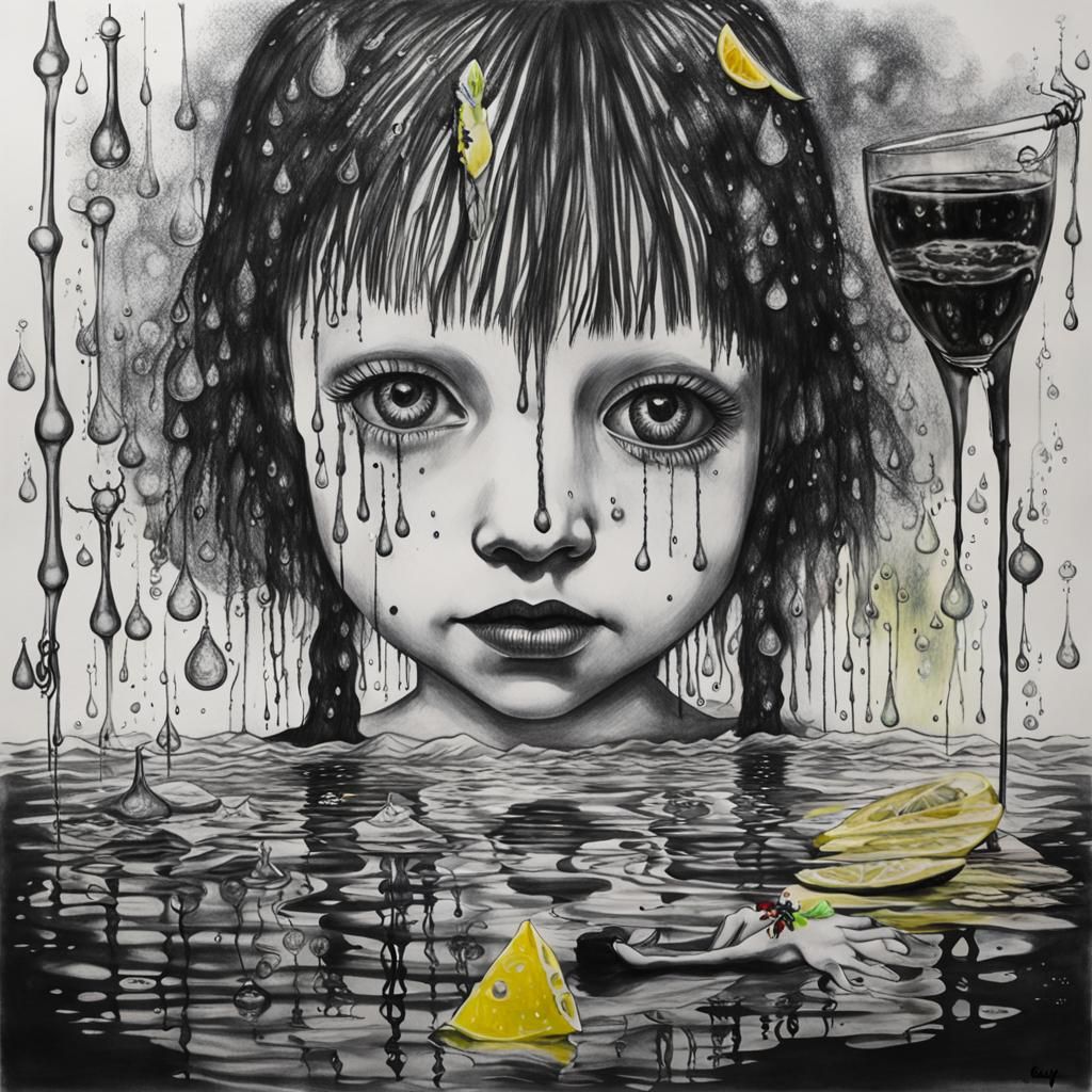 Goth Woman Swimming in Emo Lemonade, Surreal Art