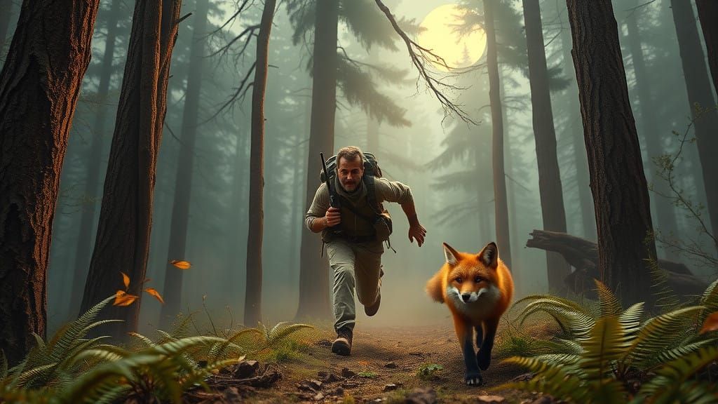 Rugged Outdoorsman Pursues Cunning Fox in Moonlit Forest