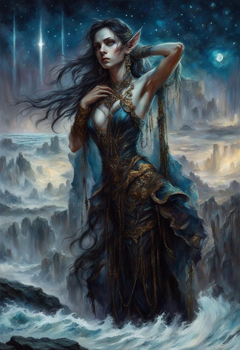 Ornate Dark Elf Priestess Under Starry Sky