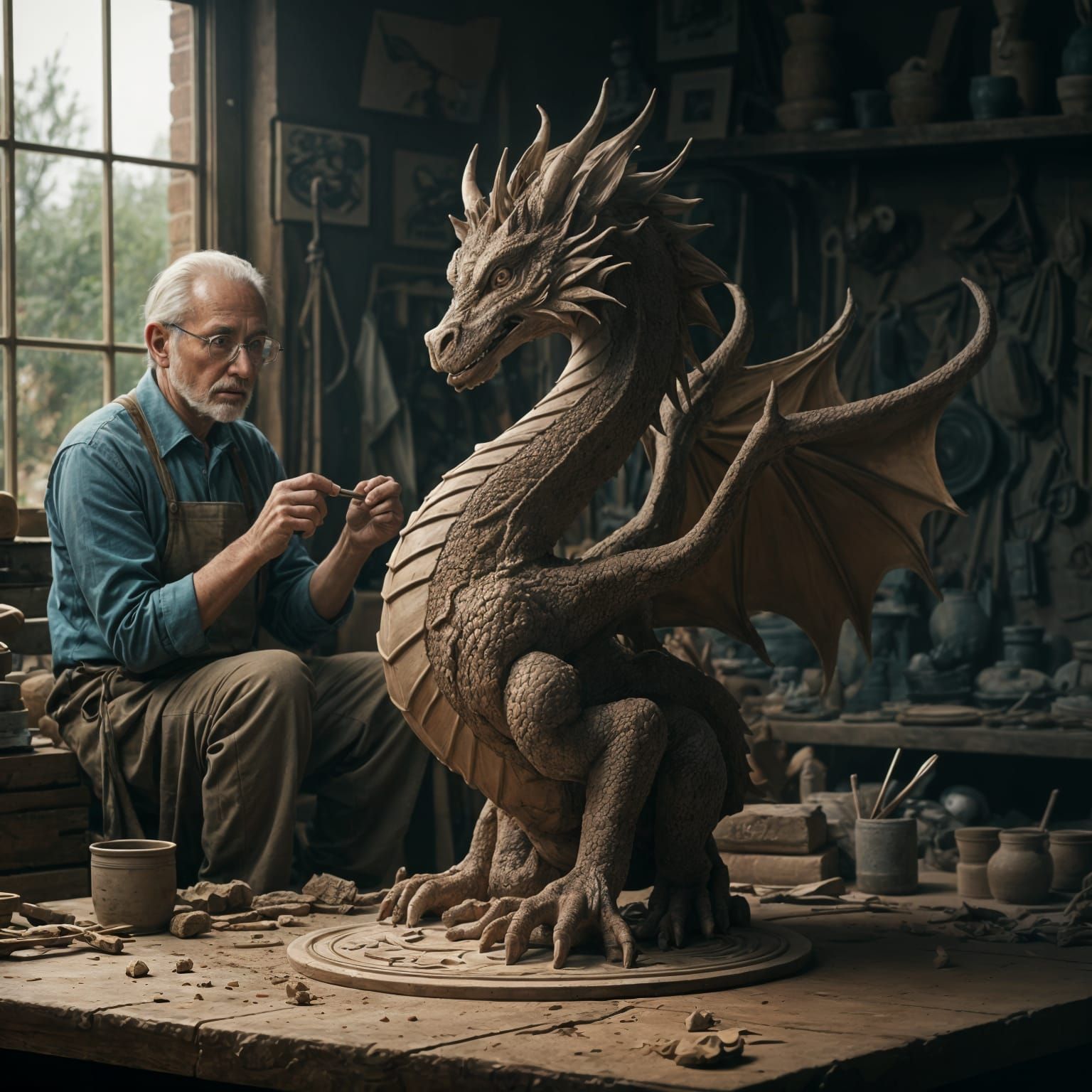 Ancient Clay Dragon Sculpture in Fine Art Oil Painting Style