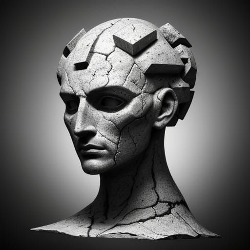 Surreal Black and White Head Sculpture with Geometric Patter...
