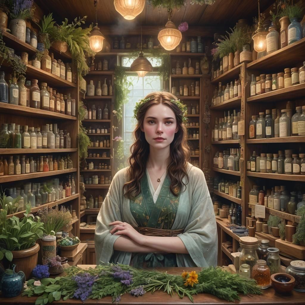 Ethereal Herbal Shopkeeper in a Fantasy Shop