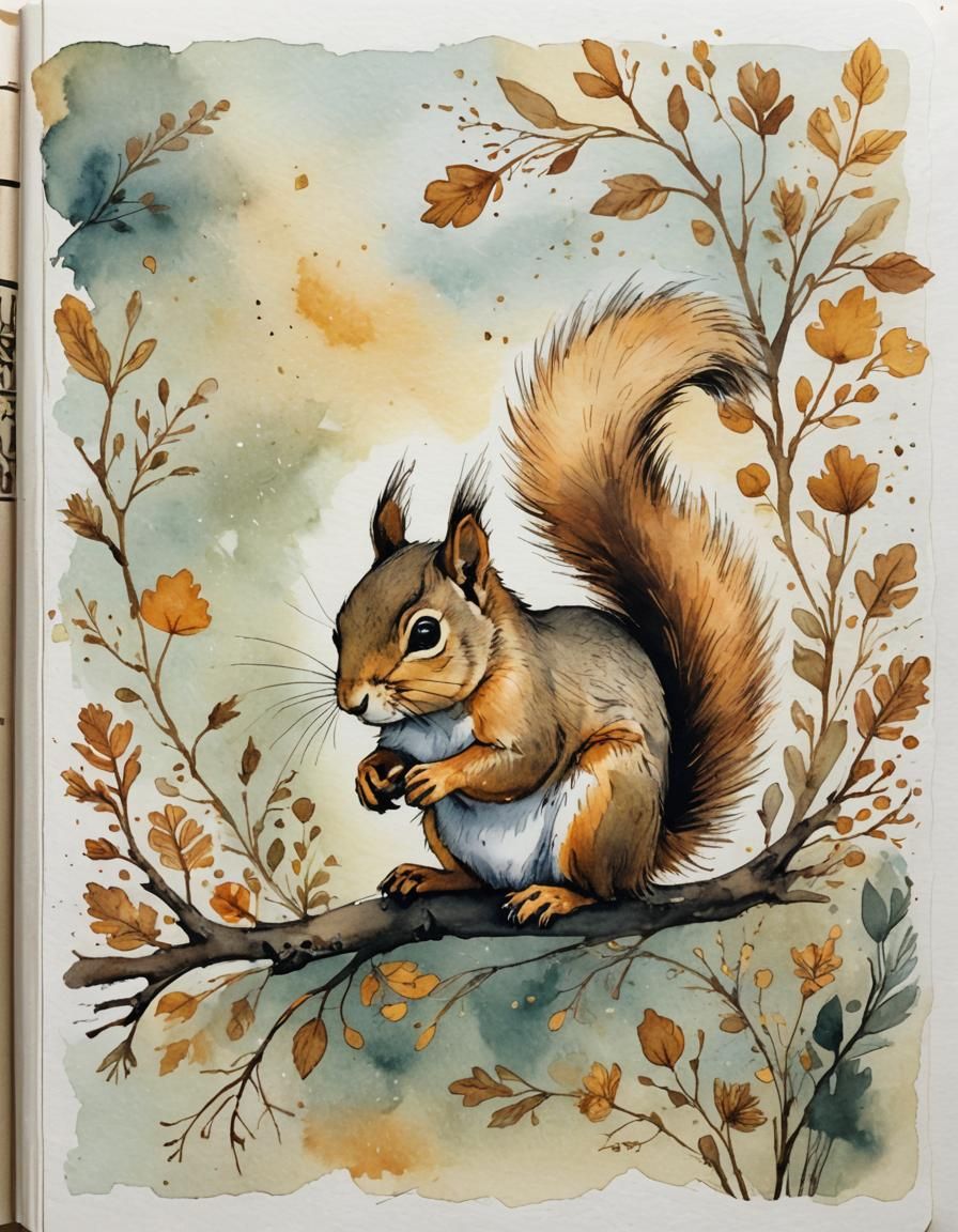 Squirrel on Journal Page in Watercolor and Ink