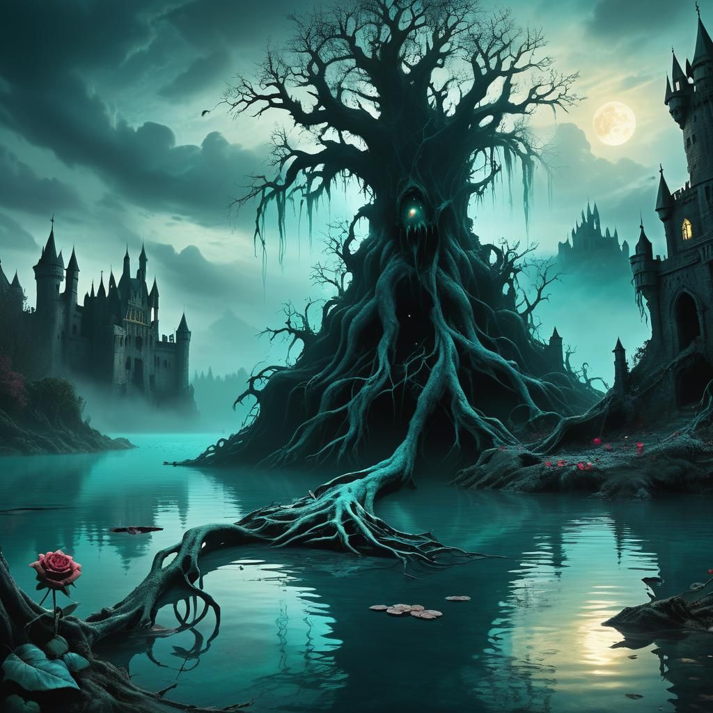 Monster Emerges from Mystical Lake: Dark Fantasy Art