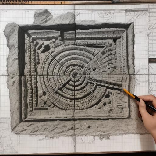 Detailed Charcoal Drawing of Archaeological Site