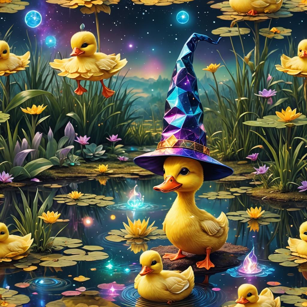 Duck Wizard at Pond: Holographic Astral Illustration