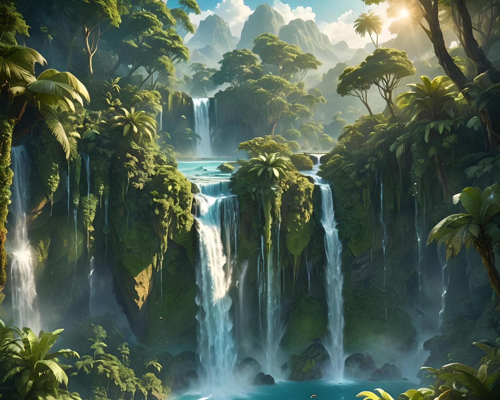 Vibrant Jungle Paradise with Breezy Waterfalls and Radiant S...