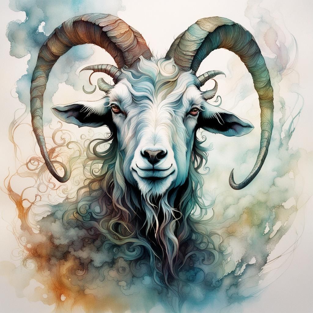 Goat Man in Iridescent Mist, Dark Fantasy Art