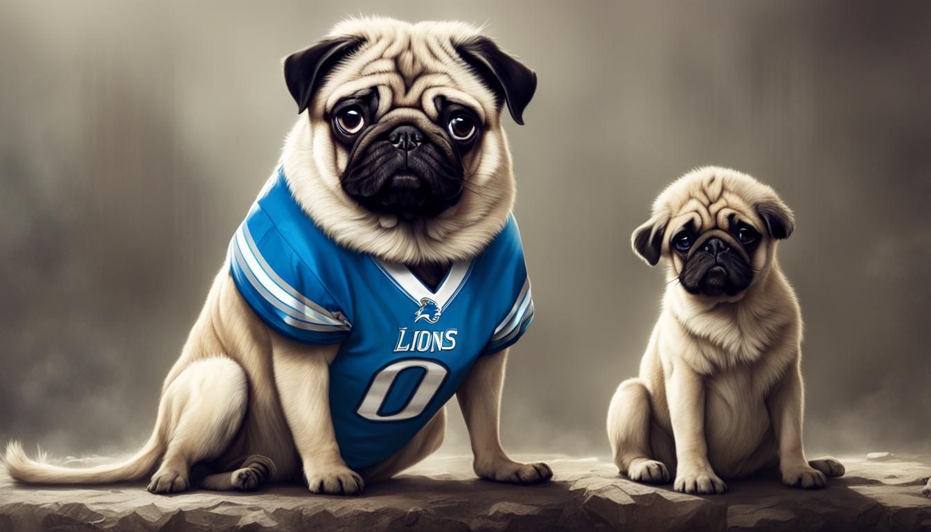 Sad Pug and Lion in Detroit Lions Jerseys