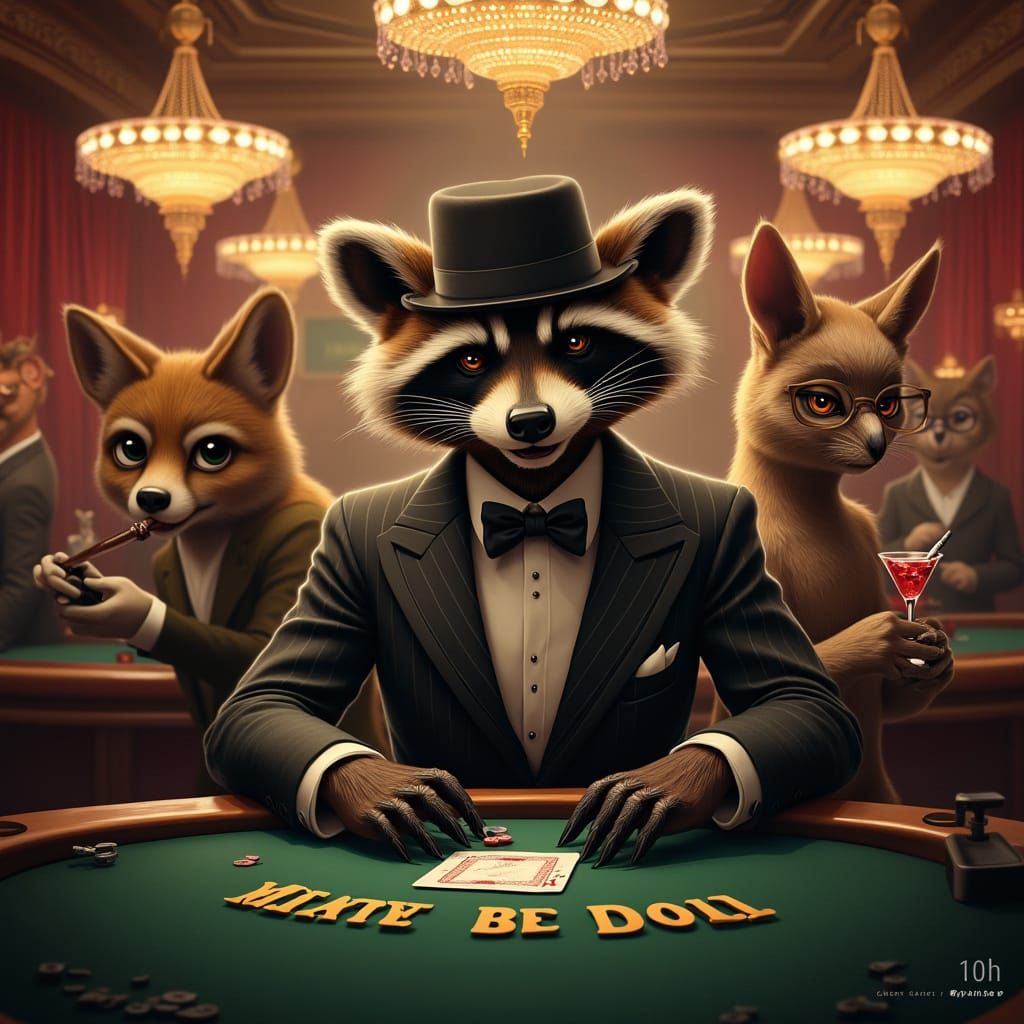 Raccoon Gambler in Smoky Casino with Art Deco Ambiance