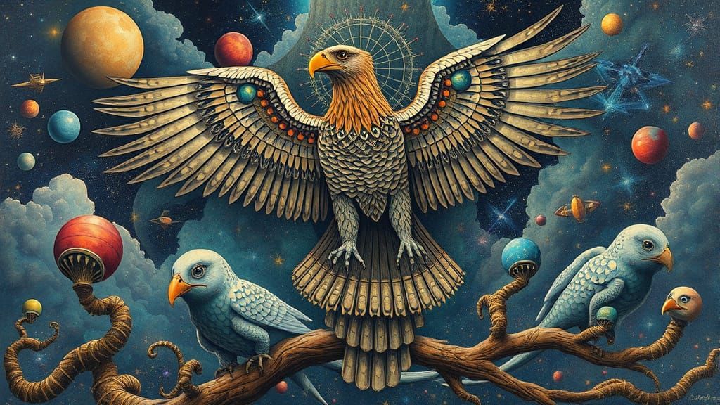 Eagle Piano Sculpture in a Bosch-Inspired Utopia