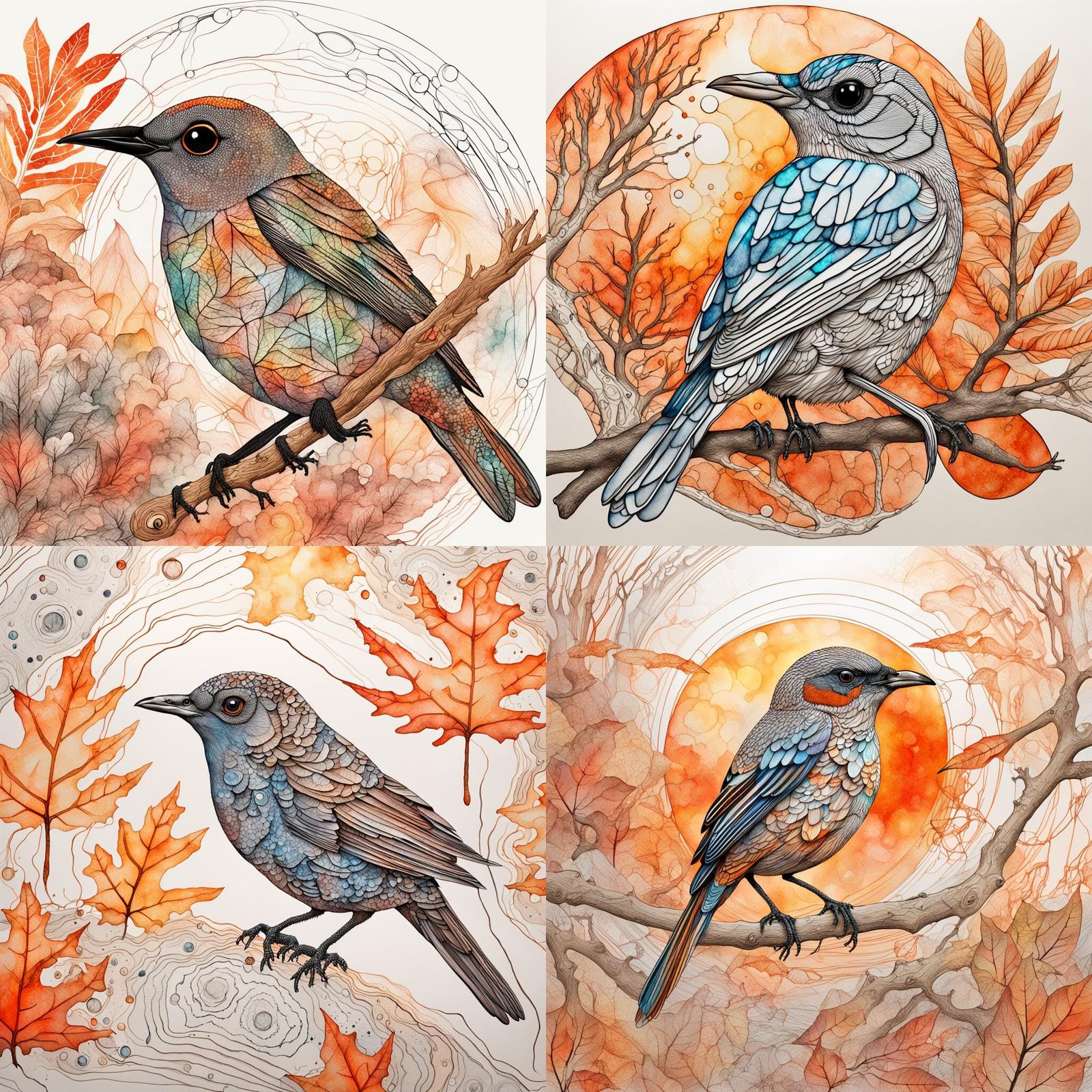 Surreal Watercolour Birds in Fossil Style Linework