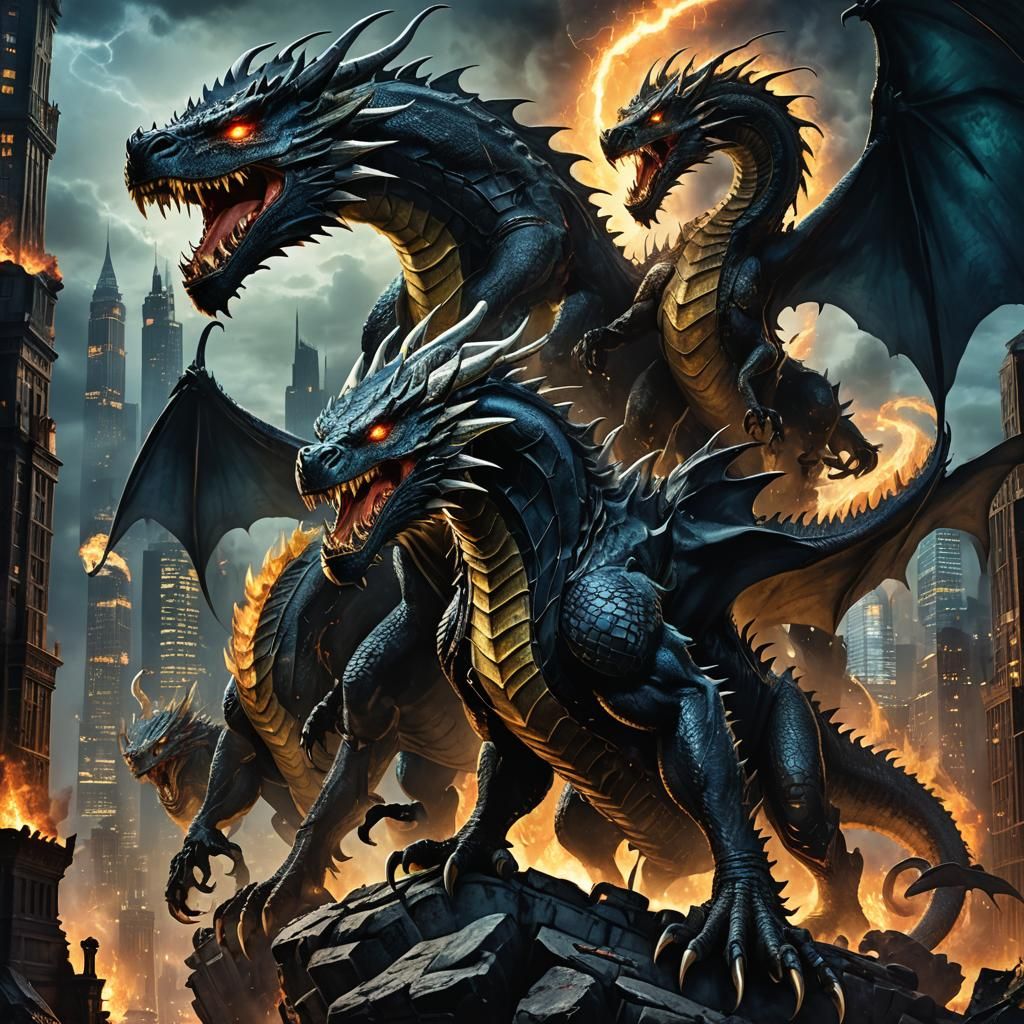 Terrifying Dragons Entwined Around Ruined Skyscraper