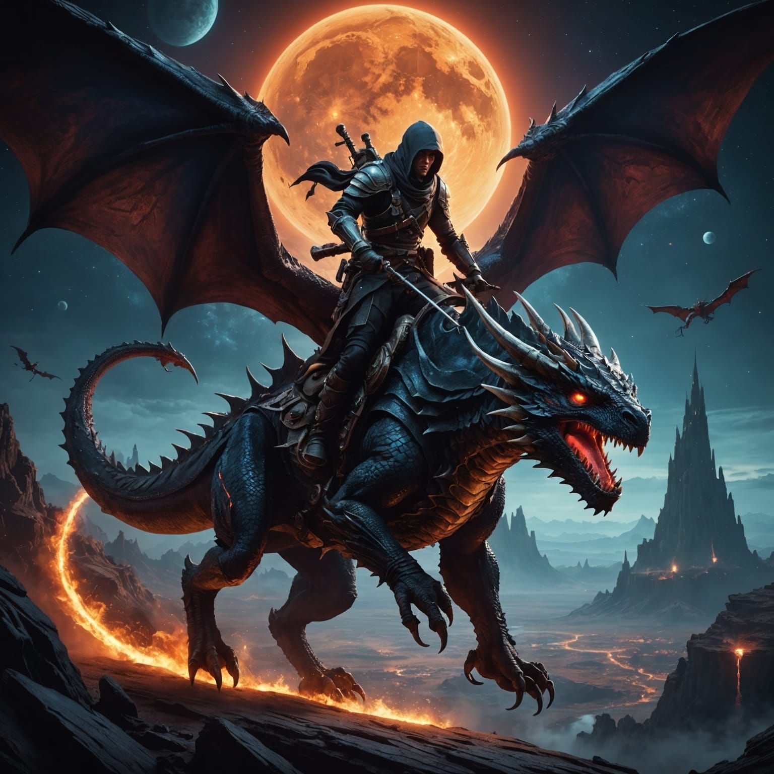 Assassin Rides Dragon in Night Sky Fantasy Art