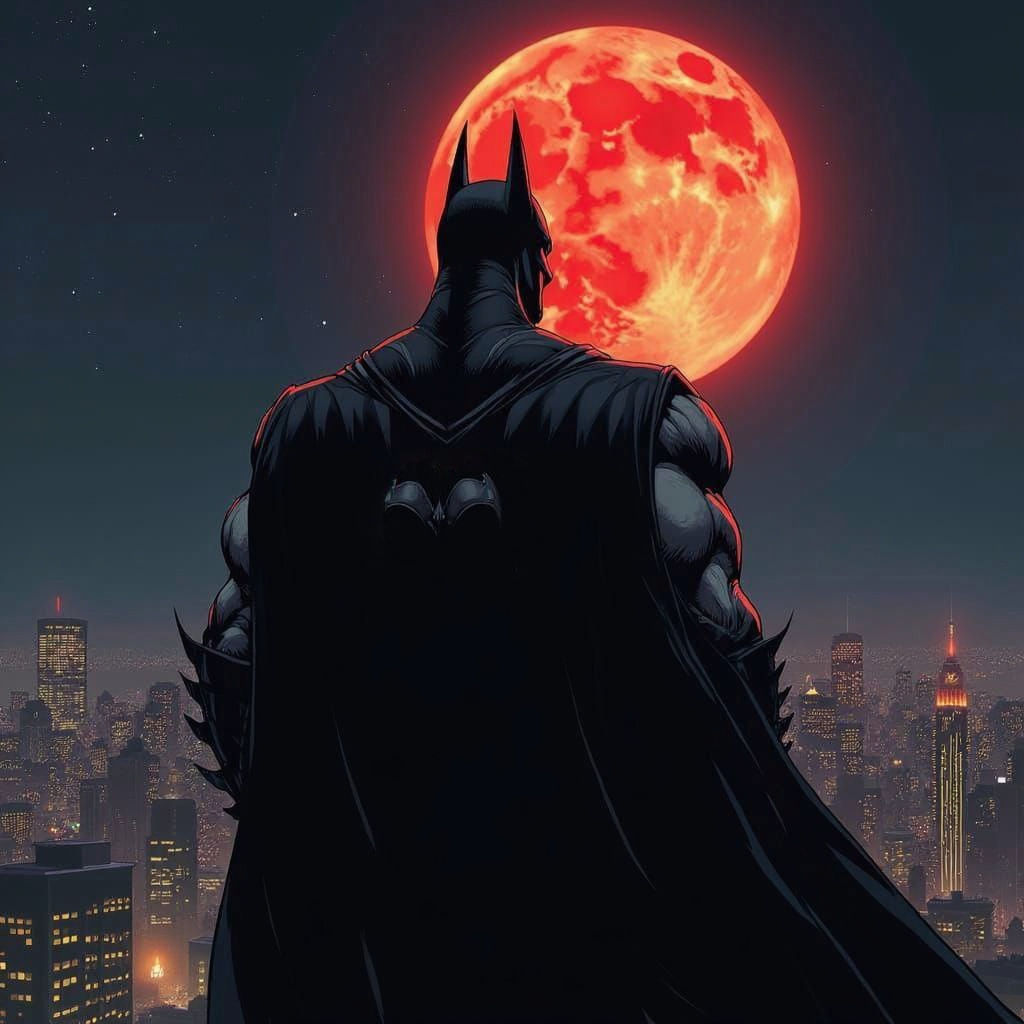Muscular Batman in Black Armor Over Cityscape with Red Moon