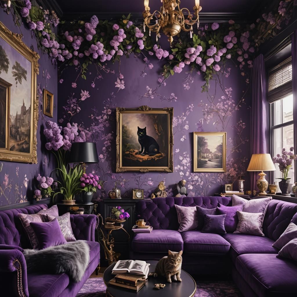 Cozy Living Room with Purple Couch and Cat