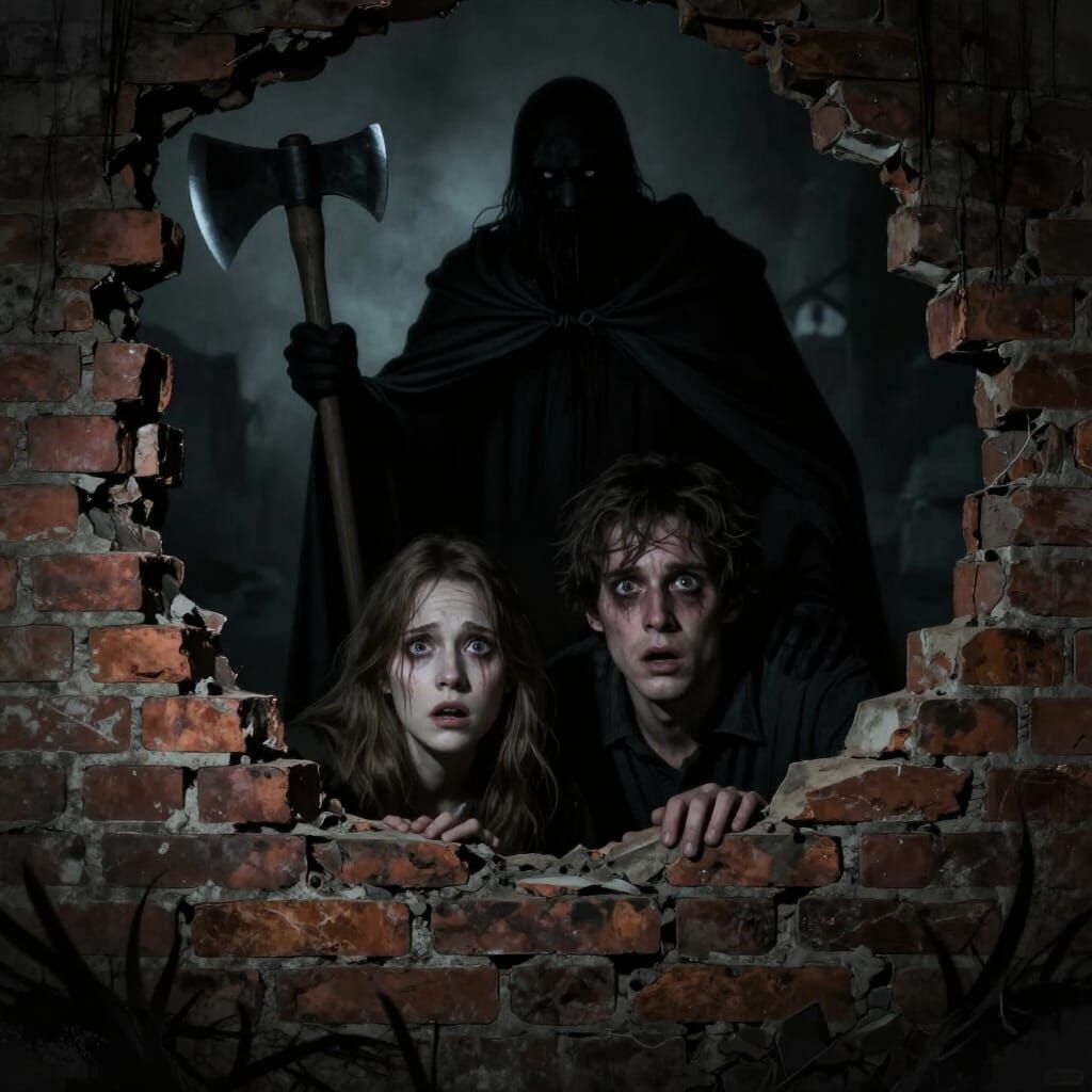 Horror Concept Art: Terrified Couple Pursued by Axe-Wielding...