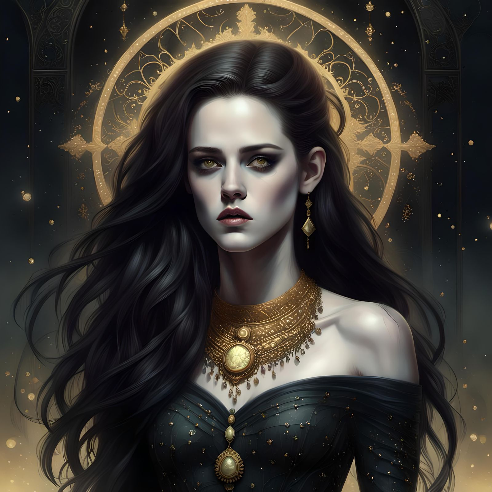 Detailed Portrait with Golden Jewelry and Dark Elements
