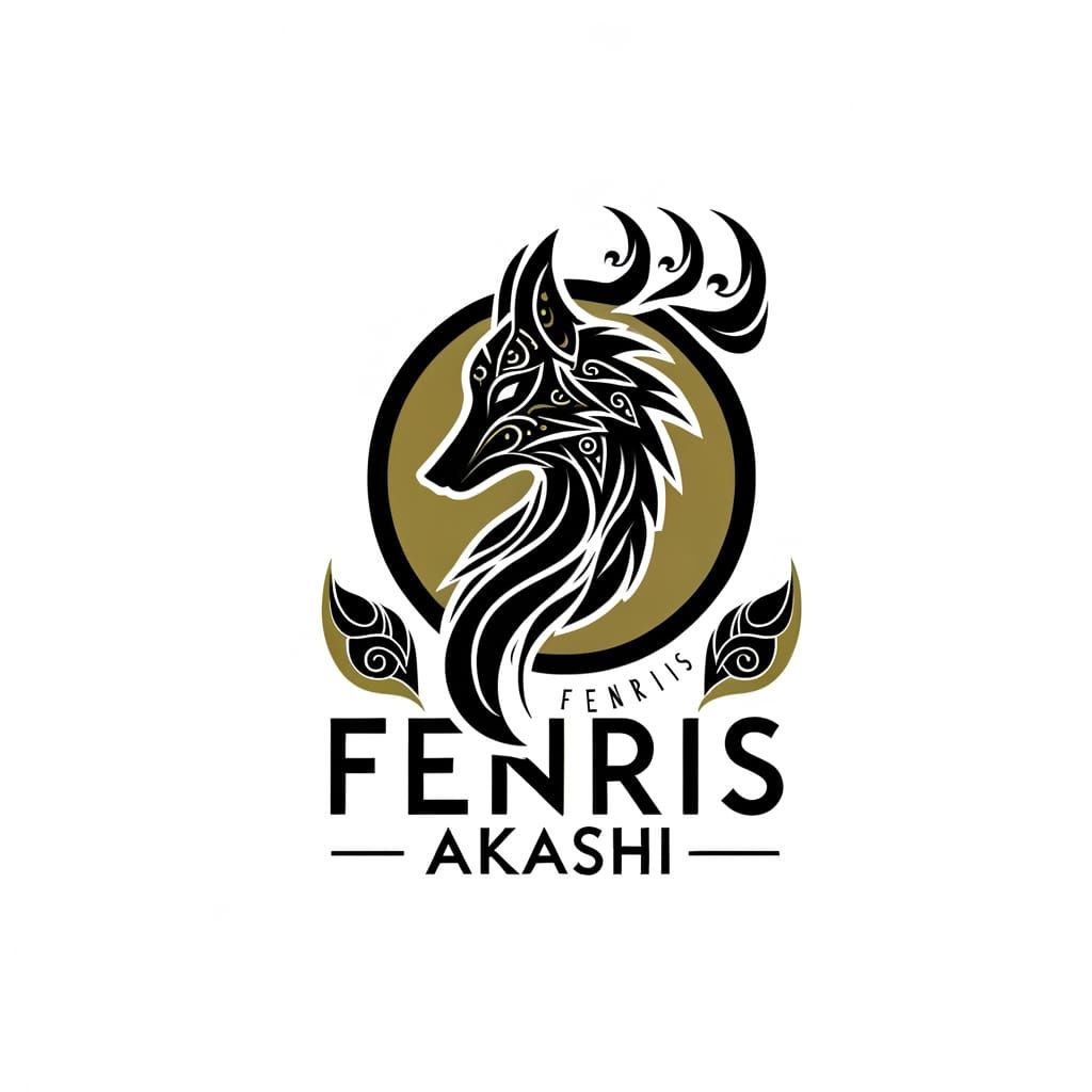 business logo, tribal wolf tattoo, black and gold, text: Fenris Akashi,  simple detail, fantastical, complementary color...