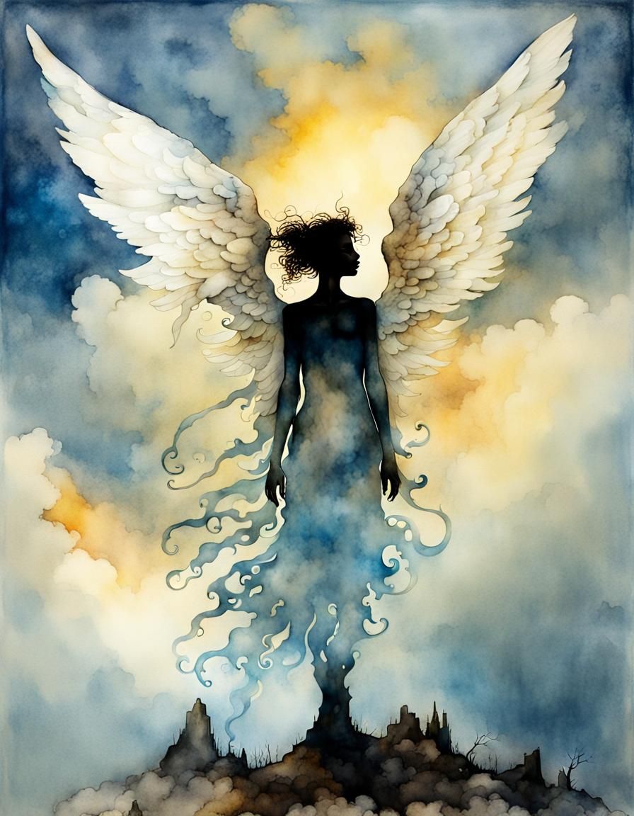 Angel Silhouette with Cloud Double Exposure in Watercolor